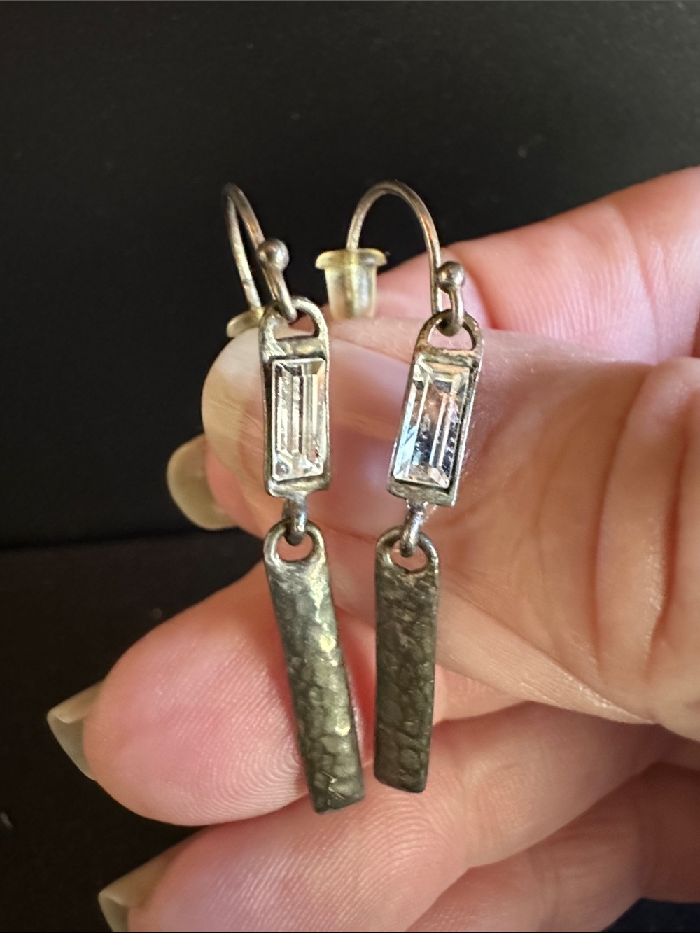 Sterling Silver 925 Israel Dangle Earrings with Clear Baguette Stone - Silver